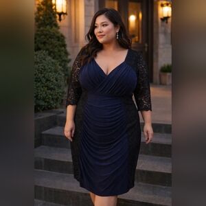 Kiyonna NWT Navy Blue Ruched Lace Sleeve Cocktail Dress Plus Size Illusion 3X